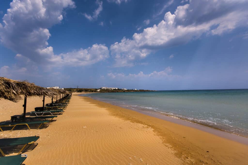 Golden Beach on Paros island with golden sand and clear blue water