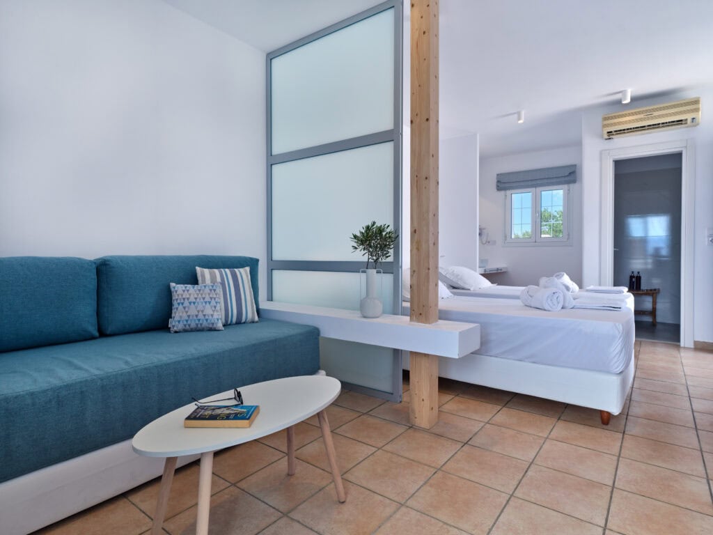 White & Blue room daybed and modern Cycladic décor in Paros island