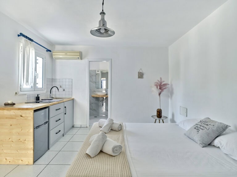 Bright family apartment interior in Ampelas, Paros