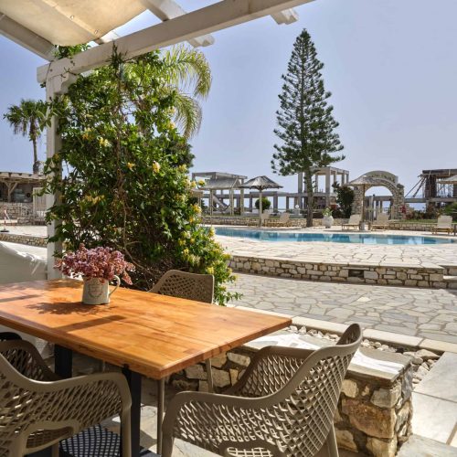 Cozy family apartment in Ambelas Paros - terrace with table and trees