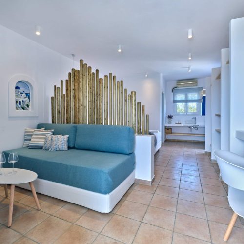 White & Blue room living area and design elements in Ambelas, Paros