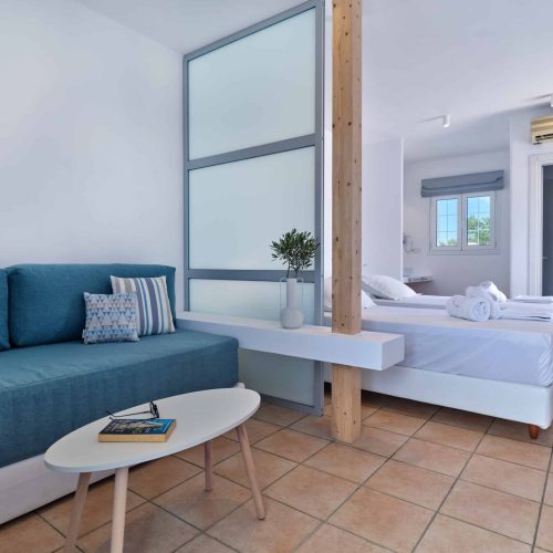 White & Blue room daybed and modern Cycladic décor in Paros island