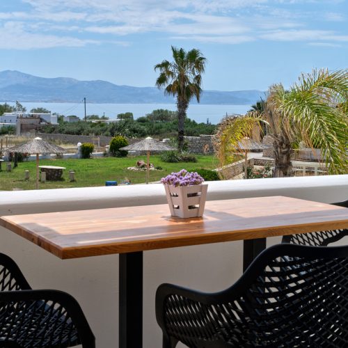 White & Blue room balcony outdoor table with sea and garden view in Ambelas