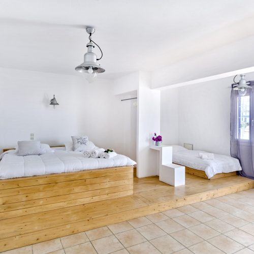 Pool-view terrace from the White & Blue Room - Ambelas Paros sea-view accommodation